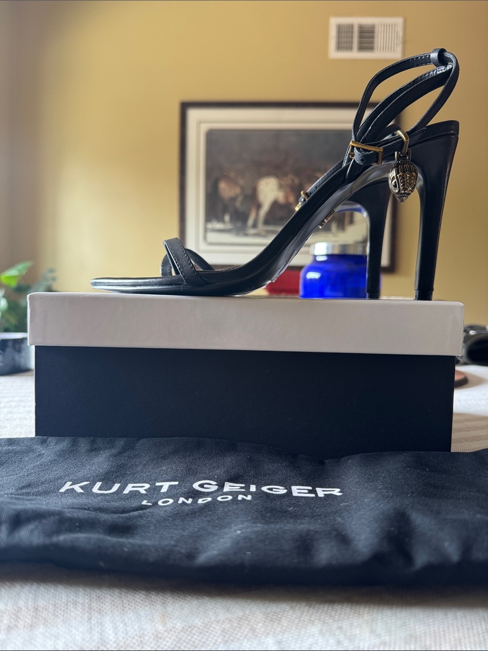 Kurt Geiger Black Leather Strappy High Heel Sandals with Gold Charm